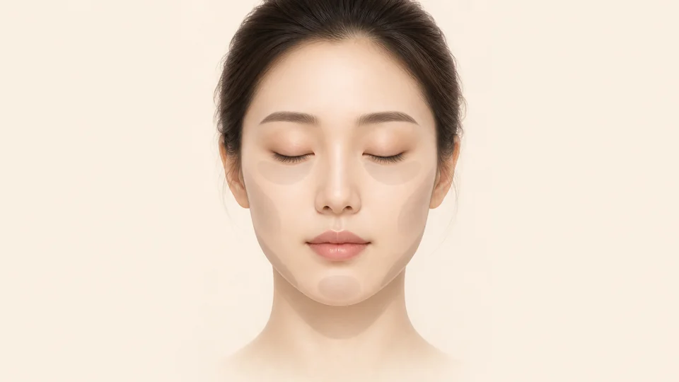 얼굴 부위 지도 — 이중턱·볼·광대·턱끝·코·눈가 시술 안내