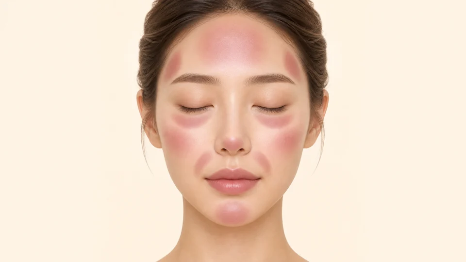 얼굴 볼륨 지도 — 이마·관자·눈밑·앞볼·팔자·입술·턱끝 부위별 채움 안내